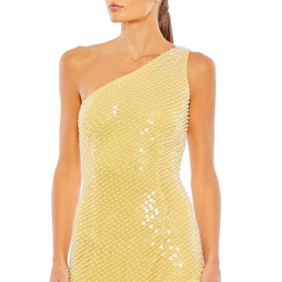 Mac Duggal One Shoulder Pearl Sequin Yellow Asymmetrical Formal Gown Dress NWT - Picture 2 of 12